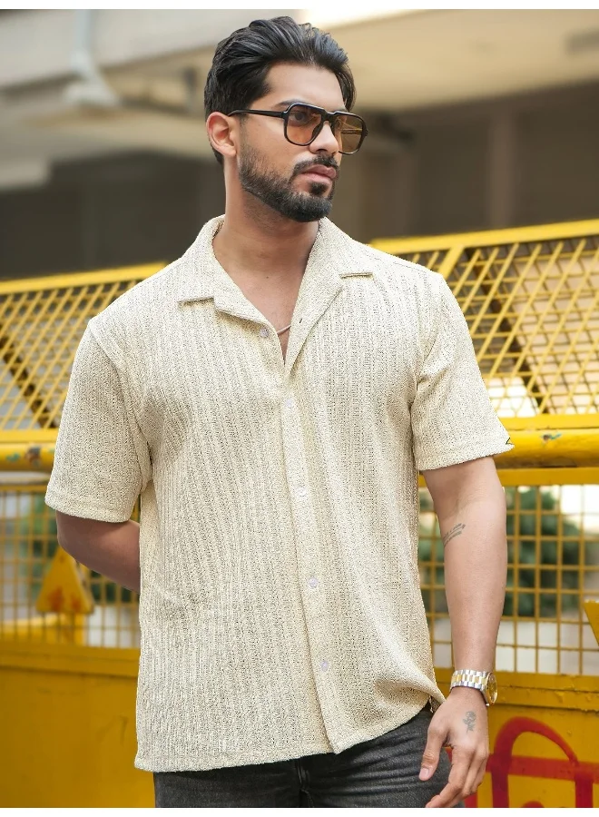 Maniac Maniac Mens Textured Half Sleeve Cotton Half White Cotton Shirt