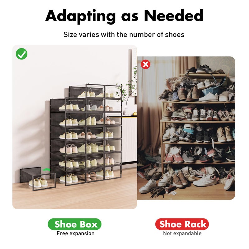 Foluck Shoe Storage Box, 15 Pack Clear Plastic Stackable Shoe Organizer for Closet, Interlocking Design for Sneakers, Foldable Shoes Container Rack with Lids, Black - Image 4
