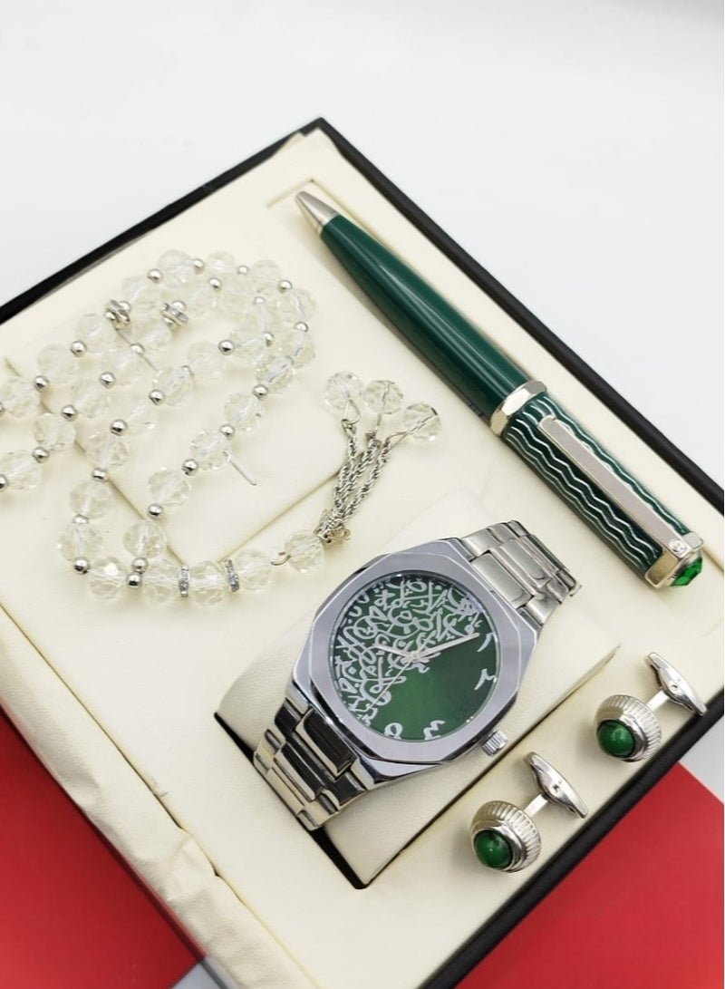 Catera Gift set for a high-quality, elegant waterproof men's watch, silver bracelet and green dial with Arabic decorations - limited edition 