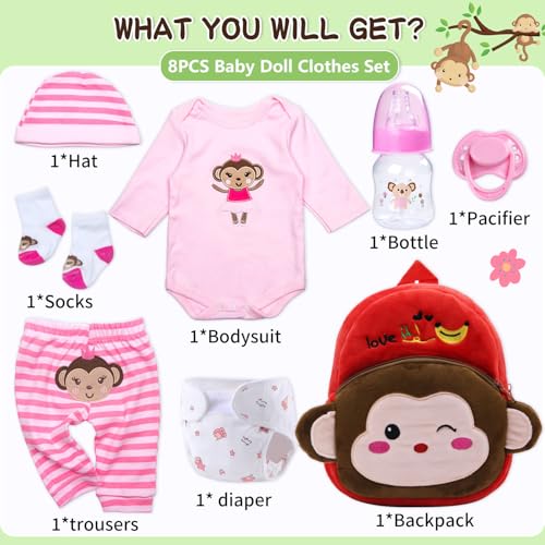 TatuDoll 8 قطع ملابس دمى الأطفال المولودين من جديد مع حقيبة ظهر قرد لطيف لدمى الأطفال بطول 17-22 بوصة ملحقات وملابس دمى الأطفال تناسب الفتيات حديثات الولادة - Image 5