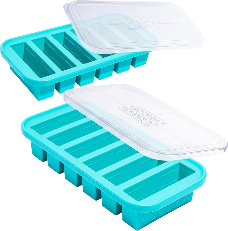 Souper Cubes مكعبات سوبر 1/2 كوب صينية سيليكون للتجميد بغطاء - حاوية تحضير الوجبات السهلة وحل تخزين المطبخ - قالب سيليكون لتخزين الحساء والطعام - أزرق – عبوة 2 | 100% سيليكون معالج بالبلاتين لحاويات تحضير الوجبات للتجميد، آمن للفرن والميكروويف، مثالي لتخزين الحساء والأرز والمزيد - Image 1