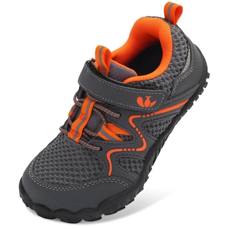 FEETCITY Kids Hiking Shoes Girls Boys Wide Kids Barefoot Shoes Zero Drop Minimalist Shoe Toddler Slip on Shoe Grey/Orange - Image 1