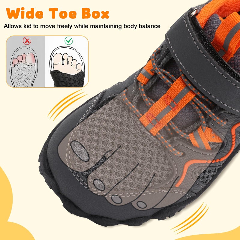FEETCITY Kids Hiking Shoes Girls Boys Wide Kids Barefoot Shoes Zero Drop Minimalist Shoe Toddler Slip on Shoe Grey/Orange - Image 3