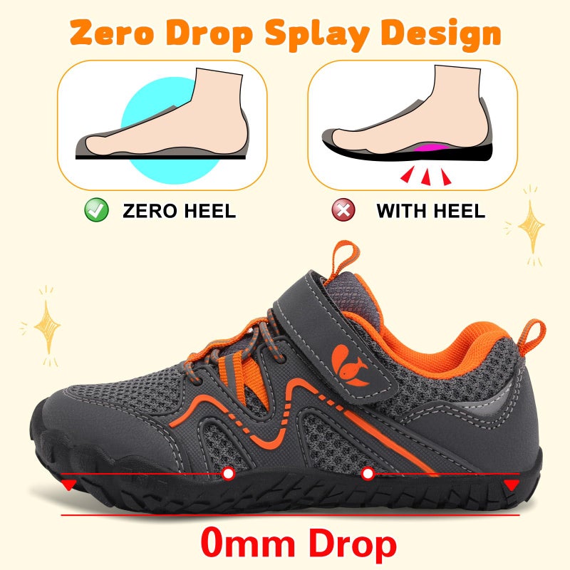 FEETCITY Kids Hiking Shoes Girls Boys Wide Kids Barefoot Shoes Zero Drop Minimalist Shoe Toddler Slip on Shoe Grey/Orange - Image 5