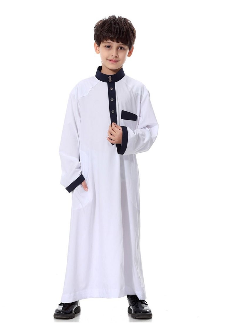 إسكدنيا Boy's Muslim Arab Long Sleeve Kaftan Middle Eastern Kandora Thobe Thawb White/Black  - Image 1
