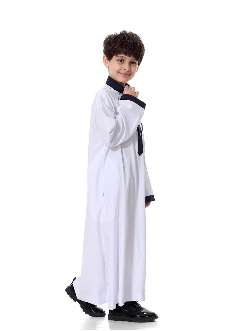 إسكدنيا Boy's Muslim Arab Long Sleeve Kaftan Middle Eastern Kandora Thobe Thawb White/Black  - Image 2