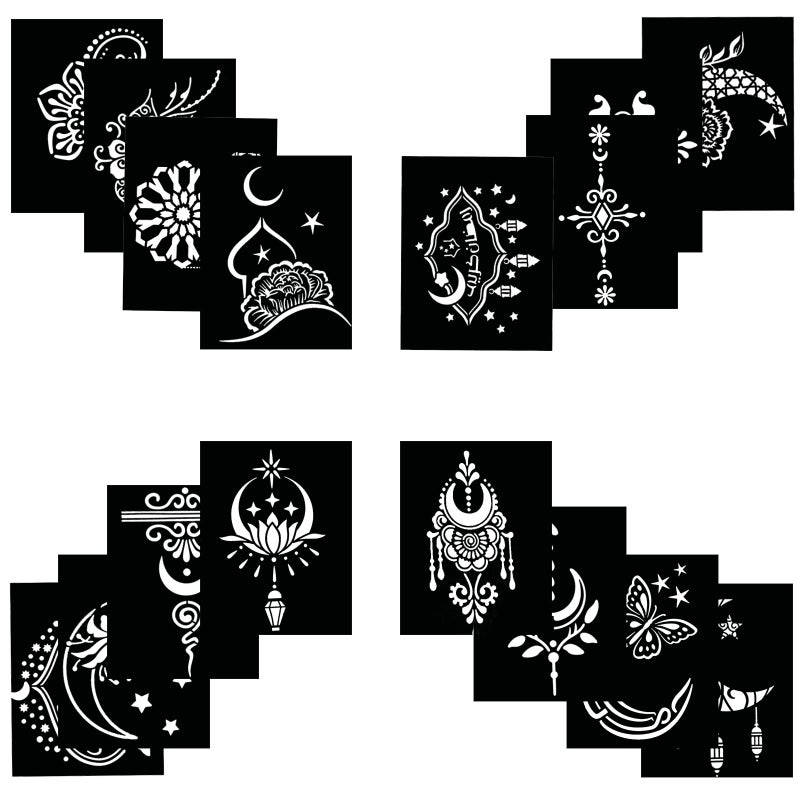 Qpout قوالب وشم كيو بوت للأطفال والبالغين، مجموعة قوالب وشم الحناء 16 ورقة، قوالب الحناء لليدين، قوالب وشم الحناء للوشوم الحقيقية، قوالب الحناء لعيد الهالوين ومهرجان رمضان القمر - Image 1