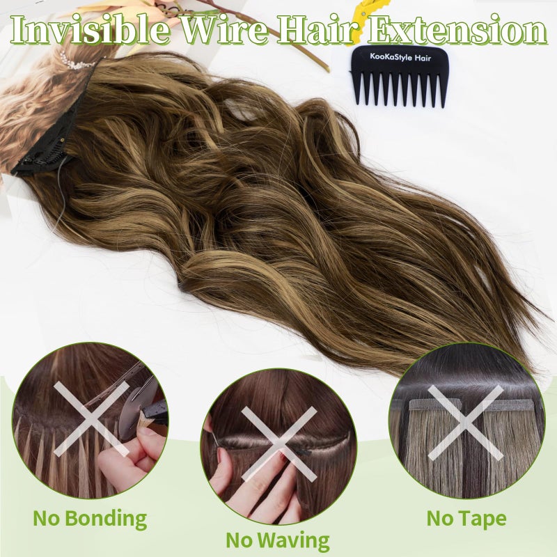KooKaStyle Invisible Wire Hair Extensions with Transparent Headband Adjustable Size 4 Secure Clips Long Wavy Highlight Synthetic Hairpieces 20 Inch Balayage Chocolate Brown to Caramel Blonde for Women - Image 3