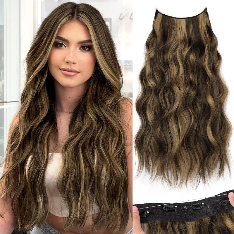 KooKaStyle Invisible Wire Hair Extensions with Transparent Headband Adjustable Size 4 Secure Clips Long Wavy Highlight Synthetic Hairpieces 20 Inch Balayage Chocolate Brown to Caramel Blonde for Women - Image 1