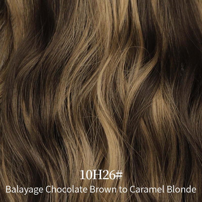 KooKaStyle Invisible Wire Hair Extensions with Transparent Headband Adjustable Size 4 Secure Clips Long Wavy Highlight Synthetic Hairpieces 20 Inch Balayage Chocolate Brown to Caramel Blonde for Women - Image 5