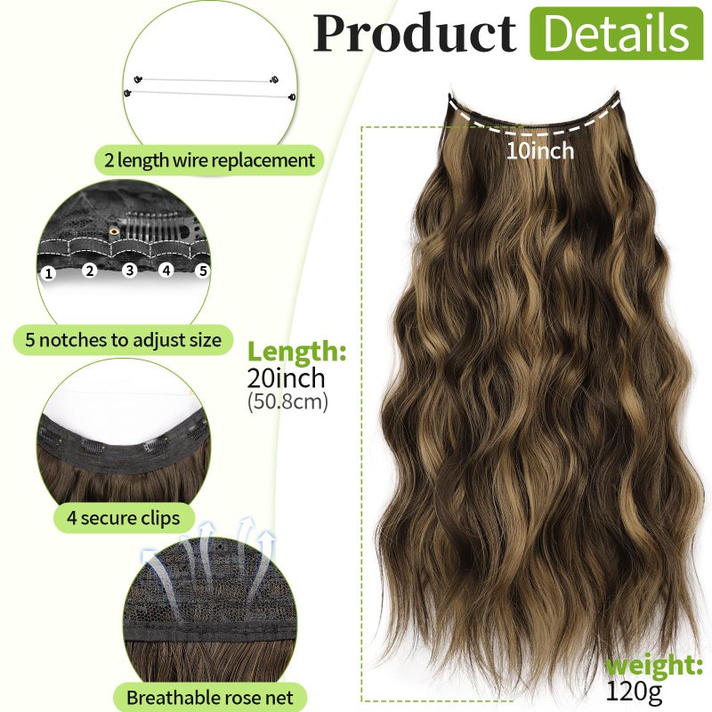 KooKaStyle Invisible Wire Hair Extensions with Transparent Headband Adjustable Size 4 Secure Clips Long Wavy Highlight Synthetic Hairpieces 20 Inch Balayage Chocolate Brown to Caramel Blonde for Women - Image 2