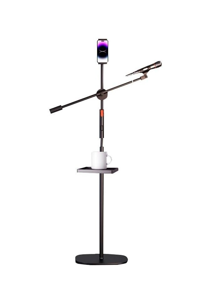 GGOOT Foldable Carbon Steel Floor Microphone Stand With Sound Card Tray and Phone Clip,Height Adjustable 97-182cm, for 24 - 45mm Mics - Image 2