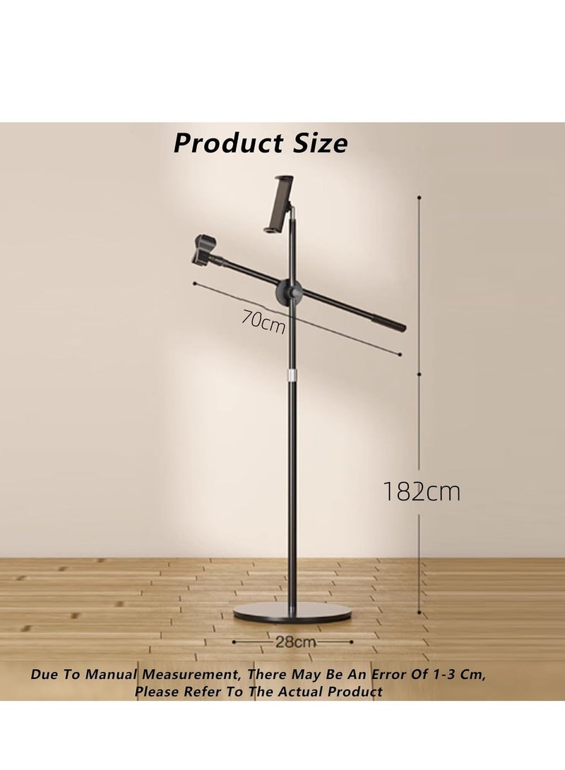 GGOOT Foldable Carbon Steel Floor Microphone Stand With Sound Card Tray and Phone Clip,Height Adjustable 97-182cm, for 24 - 45mm Mics - Image 5