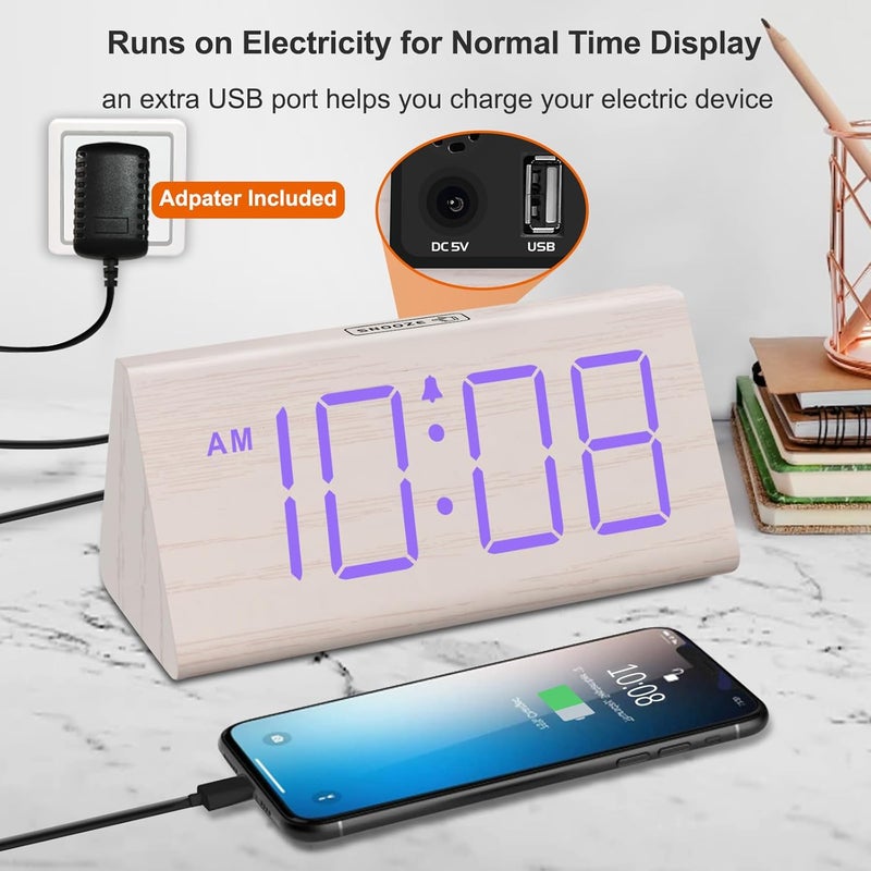 دريم سكاي منبه خشبي رقمي من لغرفة النوم - ساعة مكتب كهربائية RGB بأرقام كبيرة، منفذ USB، إنذار عالٍ للنوم الثقيل، تحكم في الخافت ومستوى الصوت، غفوة، ديكور خشبي (يعمل بمحول) - Image 4