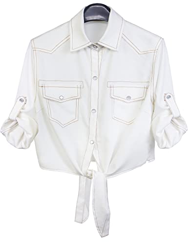 Omoone Women's 3/4 Sleeve Denim Crop Top Tie Knot Shirt Cardigan(0774-White-L) - Image 1