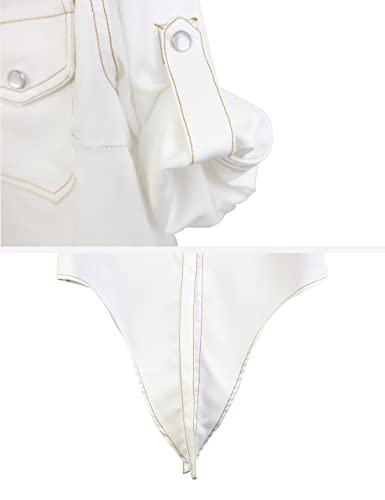Omoone Women's 3/4 Sleeve Denim Crop Top Tie Knot Shirt Cardigan(0774-White-L) - Image 5