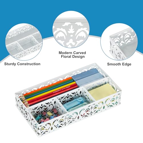 EasyPAG Desk Drawer Organizer with 4 Compartments, Carved Hollow Floral Metal Tray for Office, Jewelry, Cosmetics - No Assembly, White - Image 4