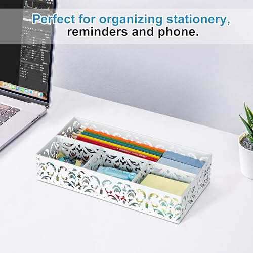 EasyPAG Desk Drawer Organizer with 4 Compartments, Carved Hollow Floral Metal Tray for Office, Jewelry, Cosmetics - No Assembly, White - Image 3