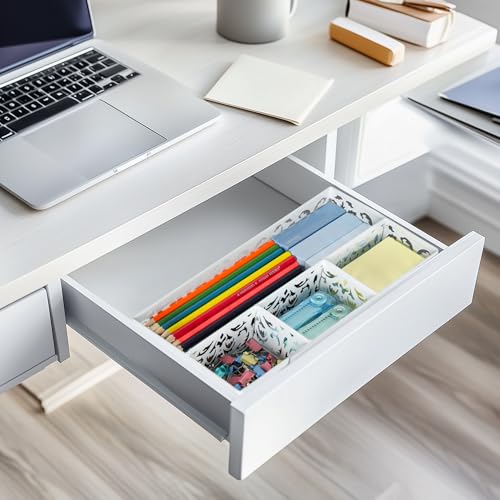 EasyPAG Desk Drawer Organizer with 4 Compartments, Carved Hollow Floral Metal Tray for Office, Jewelry, Cosmetics - No Assembly, White - Image 2