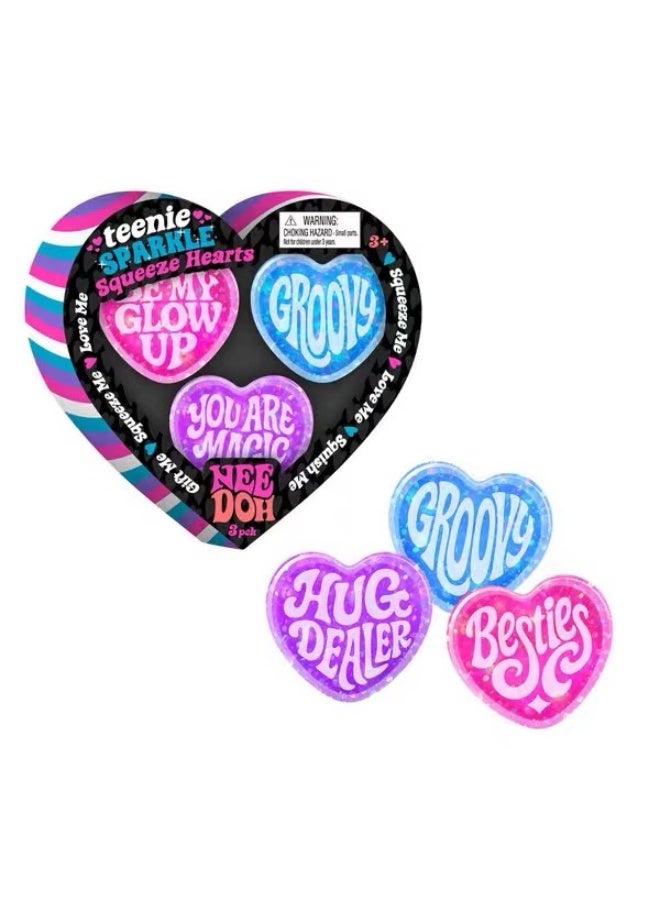 نيدوه لعبة تخفيف التوتر NeeDoh Teenie Sparkle Hearts - قلوب لامعة طرية قابلة للعصر (3 قطع) - Image 1