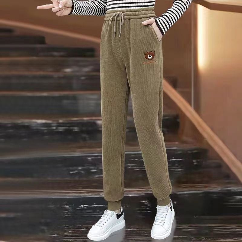 Casual Sports Fleece-Lined Thickened Tights High-Waisted Drawstring Pants Womens Couple Model Straight-Leg Pants Autumn/Winter [Bear pants]-khaki/fleece-lined thickening 