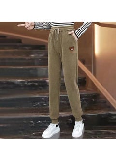 Generic Casual Sports Fleece-Lined Thickened Tights High-Waisted Drawstring Pants Womens Couple Model Straight-Leg Pants Autumn/Winter [Bear pants]-khaki/fleece-lined thickening 