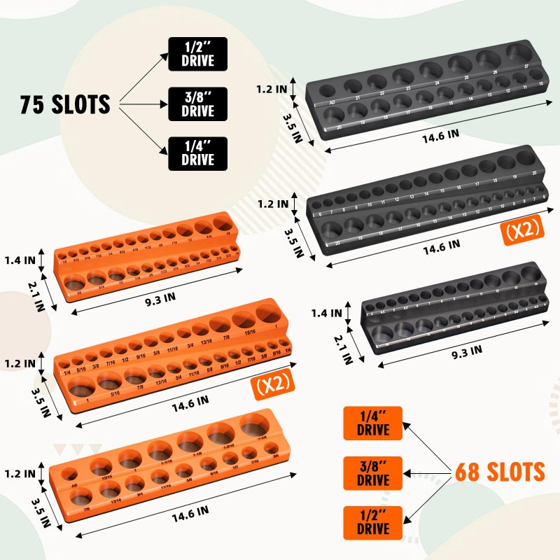 Onsski Magnetic Socket Organizer Holder Set â€“ 8-Piece Tool Organizers Including 1/4", 3/8" and 1/2" Drive Socket Holder Metric & SAE 207 Pieces Socket Trays (Sockets are not Included) - Image 5