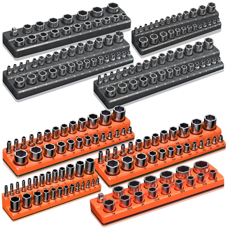 Onsski Magnetic Socket Organizer Holder Set â€“ 8-Piece Tool Organizers Including 1/4", 3/8" and 1/2" Drive Socket Holder Metric & SAE 207 Pieces Socket Trays (Sockets are not Included) - Image 1