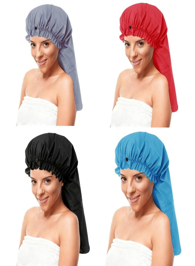 ELEBOX 4 Pack Extra Large Shower Cap for Braids/Curly Hair/Dreadlock | Reusable Waterproof Long Bonnets for Women Bath/Cooking/Cleaning/Hair Treatment | Adjustable Bath Cap with Drawstring & Button - Image 1