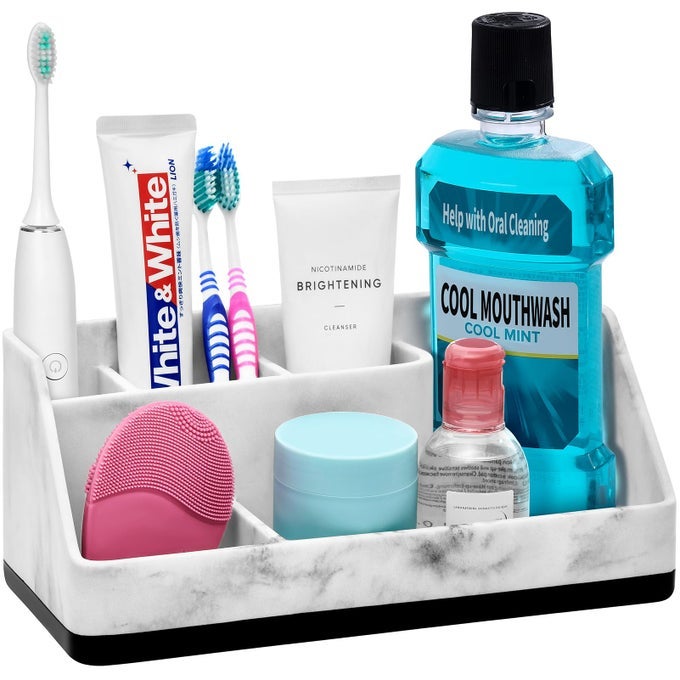 TOOTHBRUSH HOLDER FOR BATHROOM RESIN BATHROOM ORGANIZER COUNTERTOP SINK BATHROOM COUNTER ORGANIZER ACCESSORIES 5 COMPARTMENT STORAGE FOR TOOTHPASTEVANITY WHITE MARBLE COLOR