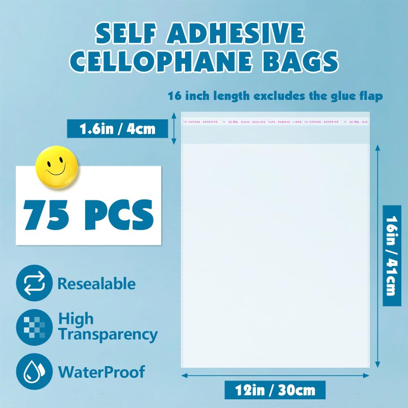 NUITPY 75 Pcs Clear Cellophane Bags, 12x16 Inch Resealable Poly Bag, Self Sealing Shirt Bags, Clear Bag for Clothes, magazine, postcard - Image 2
