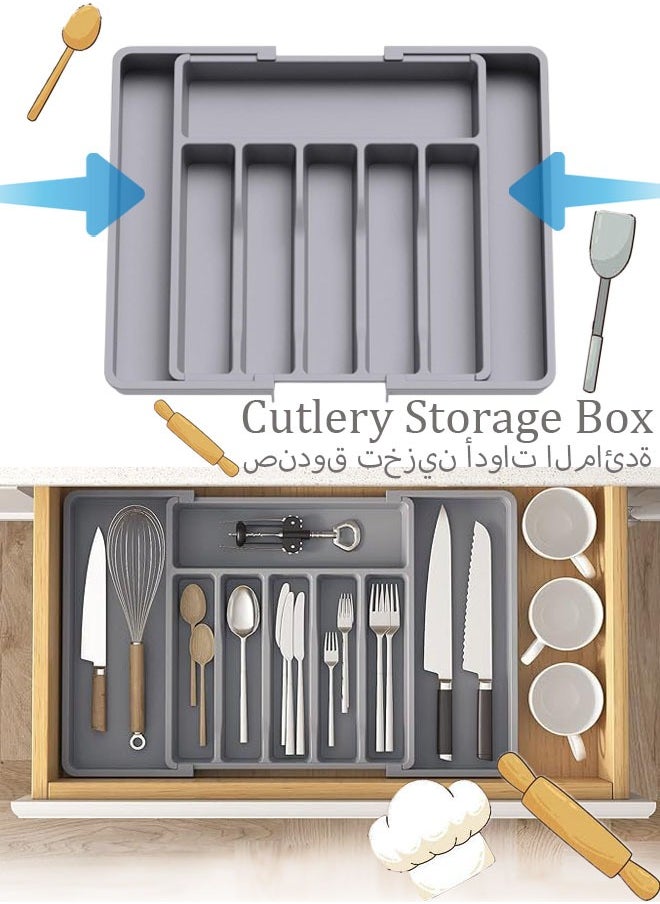 Generic Utensil Organizer Silverware Drawer Organizer Household Kitchen Expandable Utensil Tray Flatware and Cutlery Holder Compact Plastic Storage for Spoons Forks Knives(Grey)  - Image 1