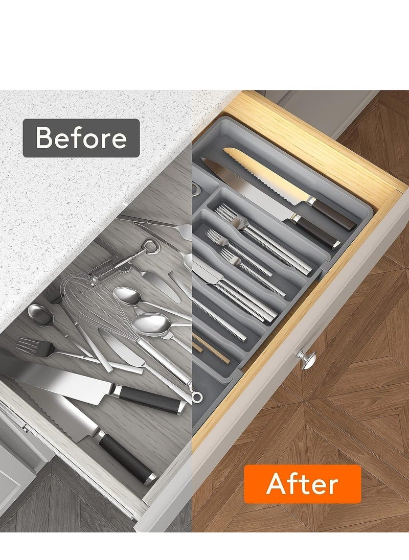 Generic Utensil Organizer Silverware Drawer Organizer Household Kitchen Expandable Utensil Tray Flatware and Cutlery Holder Compact Plastic Storage for Spoons Forks Knives(Grey)  - Image 3