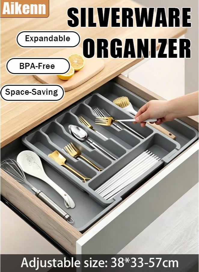 Expandable Silverware Drawer Organizer, Adjustable Kitchen Utensil Tray for Forks, Spoons and Knives, Storage Cutlery Holder for Bedroom and Living Room, Grey - Image 1