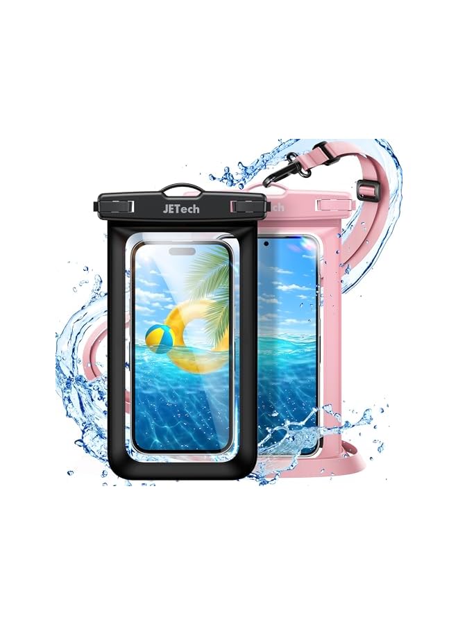 Jetech Waterproof Phone Pouch, 2 Pack Water Proof Case for iPhone 16e 16 15 14 13 Pro Max Plus, for Galaxy S25 S24 Ultra and Others up to 7.2 Inch, IPX8 Dry Bag with Lanyard (Black+Pink) - Image 1