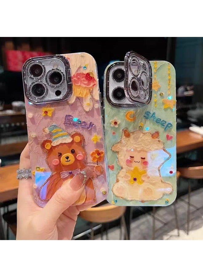 Cartoon Lens Holder Series For Iphone16promax Phone Case For Iphone15pro Blu-ray 14/13 Women-Color:Lens Stand-blu-ray Purple Flowers-Applicable Models:For Iphone15plus