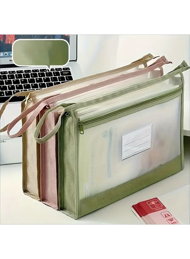 Large Capacity Green A4 Mesh File Organizer Bag With Double Zipper And Sturdy Handles - Image 3