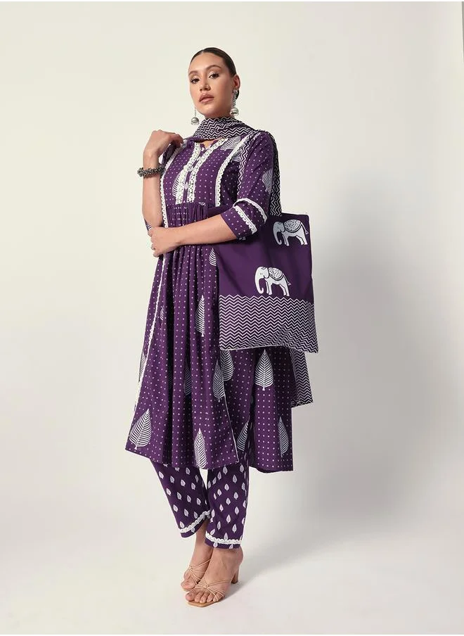 آي شين Women's Purple Cotton Textured Tunic Full Palazzo Regular Fit Kurta Set