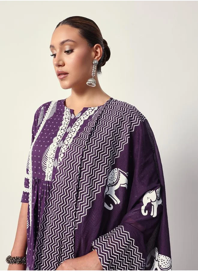 آي شين Women's Purple Cotton Textured Tunic Full Palazzo Regular Fit Kurta Set