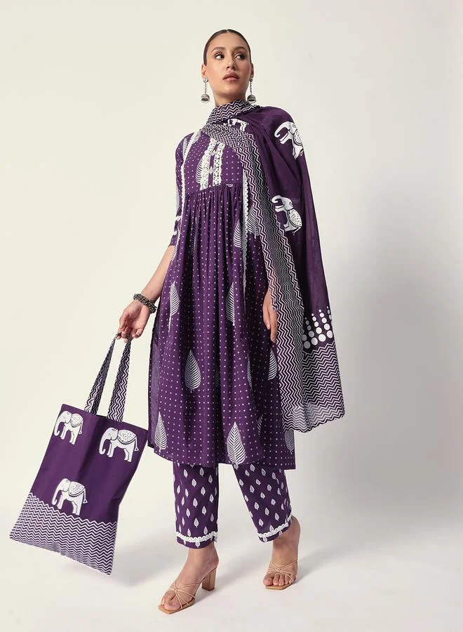 ISHIN Women's Purple Cotton Textured Tunic Full Palazzo Regular Fit Kurta Set