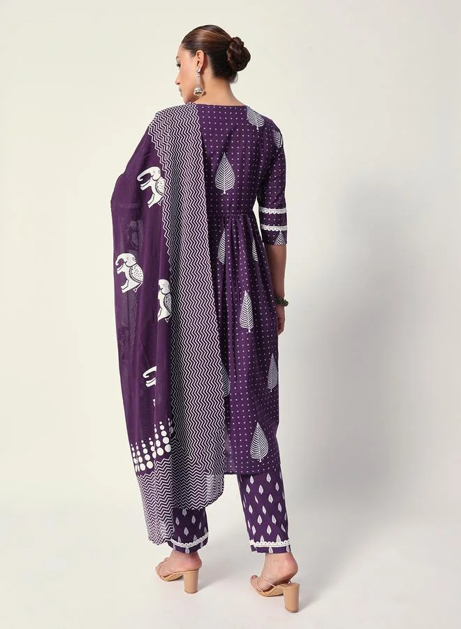 ISHIN Women's Purple Cotton Textured Tunic Full Palazzo Regular Fit Kurta Set