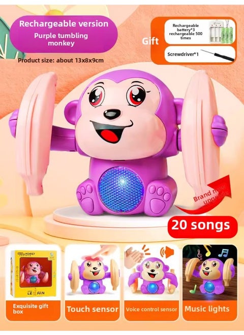 Children's Roll Monkey Electric Voice-Controlled Luminous Toy Somersault Little Monkey Baby Exercise Head-up Crawl-Color:Voice Controlled Induction [20 Songs] Rechargeable Version❤️Purple Tumbling Monkey
