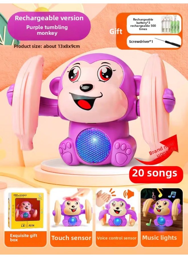 null - Children's Roll Monkey Electric Voice-Controlled Luminous Toy Somersault Little Monkey Baby Exercise Head-up Crawl-Color:Voice Controlled Induction [20 Songs] Rechargeable Version❤️Purple Tumbling Monkey - Image 1