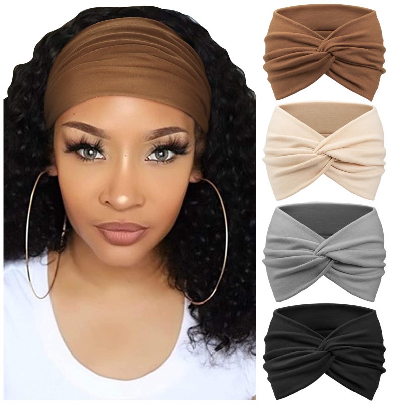 DRESHOW 4 Pack Turban Headbands for Women Wide Vintage Head Wraps Knotted Cute Hair Band Accessories - Image 1