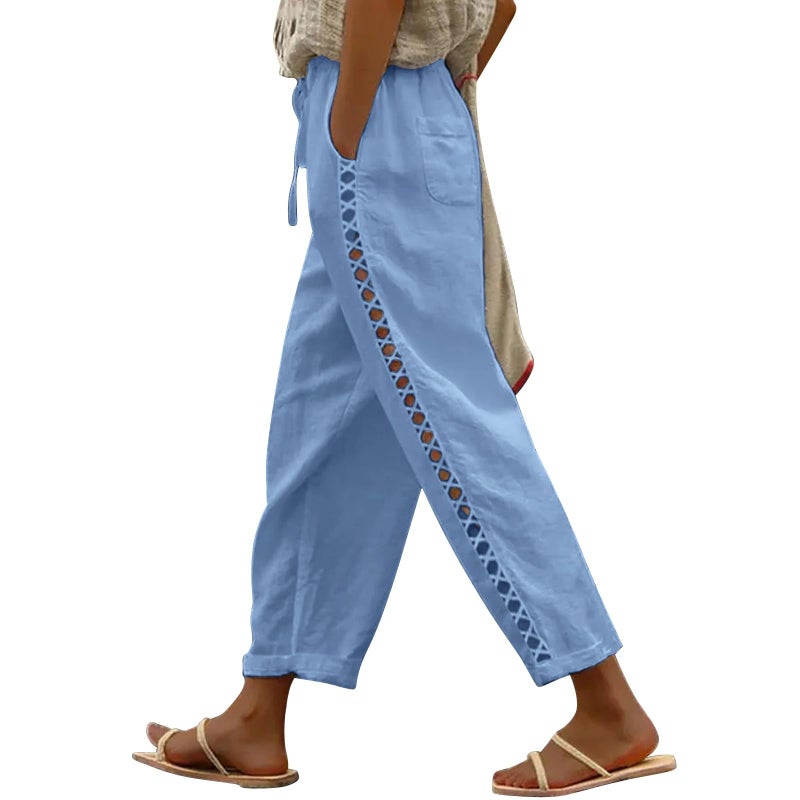 Puimentiua Women's Linen Capri Pants with Drawstring Petite Summer Beachwear Lightweight Elastic Waist Pants, Blue, M - Image 1