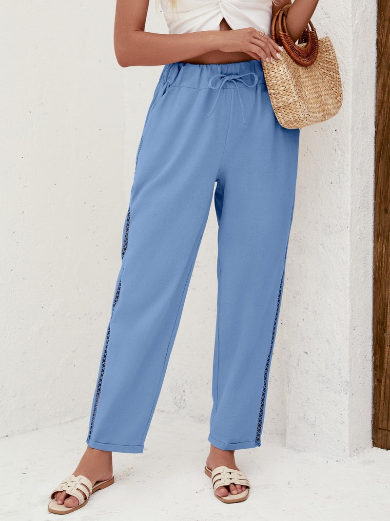 Puimentiua Women's Linen Capri Pants with Drawstring Petite Summer Beachwear Lightweight Elastic Waist Pants, Blue, M - Image 5