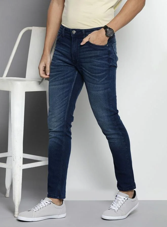 The Indian Garage Co The Indian Garage Co Men Dark Blue Mid Rise Slim Fit Faded Jeans