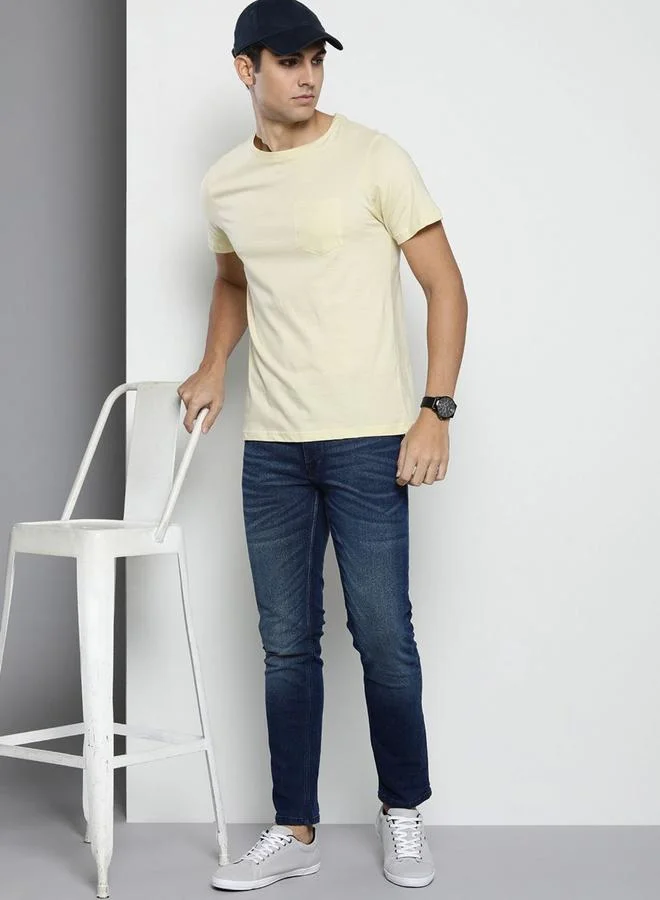 The Indian Garage Co  The Indian Garage Co Men Dark Blue Mid Rise Slim Fit Faded Jeans for Men | Best Price UAE