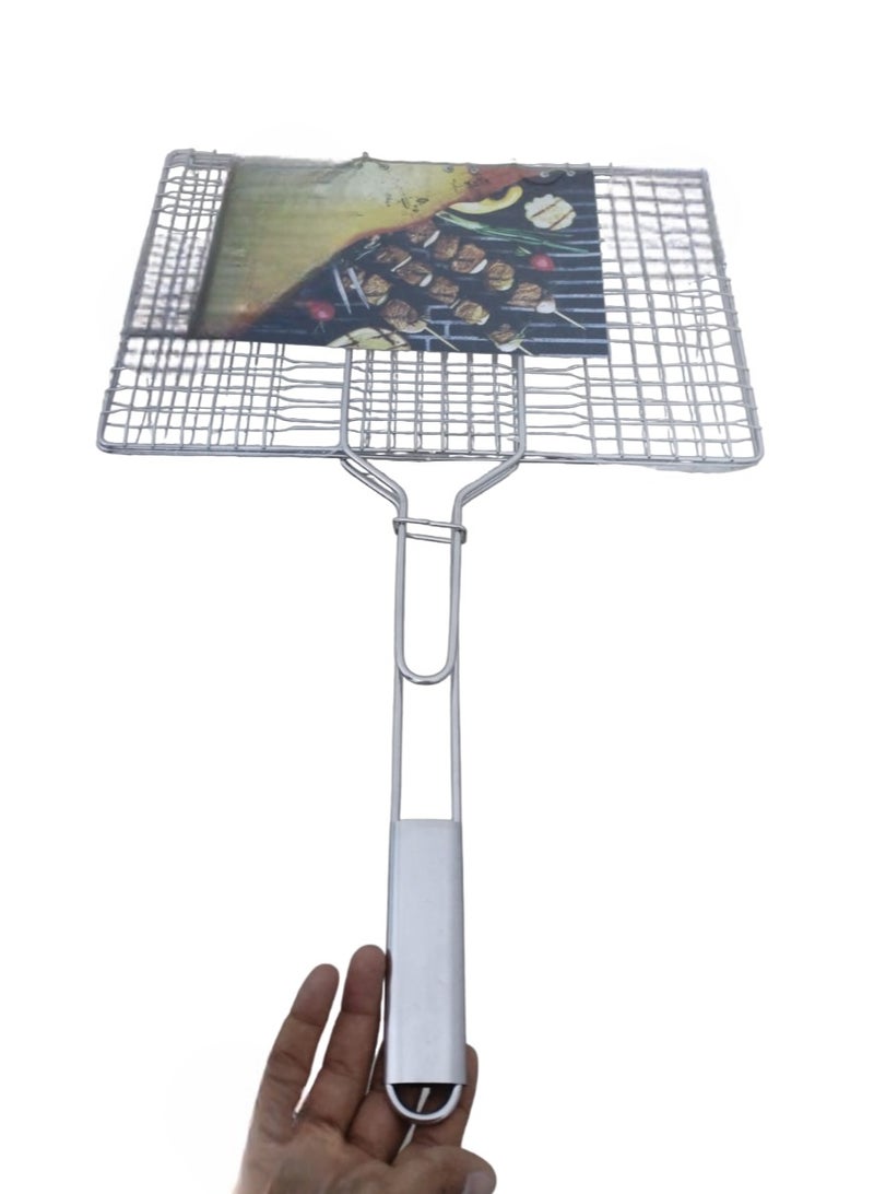 ماس مقبض فولاذي، سلة شواء محمولة قابلة للطي للأسماك والخضروات والروبيان، منطقة شواء أكبر 43*30*3 سم - Image 3