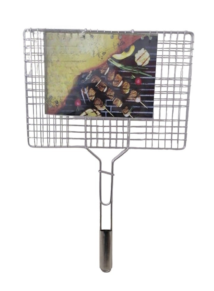 ماس مقبض فولاذي، سلة شواء محمولة قابلة للطي للأسماك والخضروات والروبيان، منطقة شواء أكبر 43*30*3 سم - Image 2